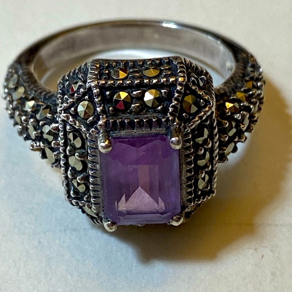 Judith Jack JK Sterling Silver Amethyst Marcasite Ring Thailand sz 8